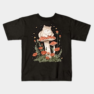 Vintage Cottagecore Nature Aesthetic mushroom Cat Floral Garden Kawaii Kitten Kids T-Shirt